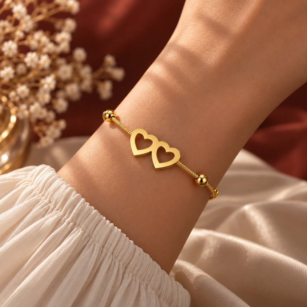 Double Heart Gold Bracelet, alternate view
