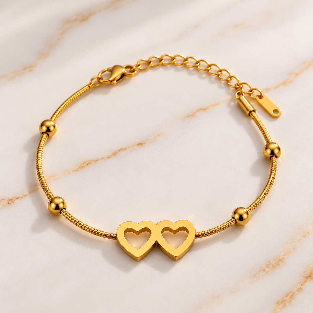 Double Heart Gold Bracelet, alternate view