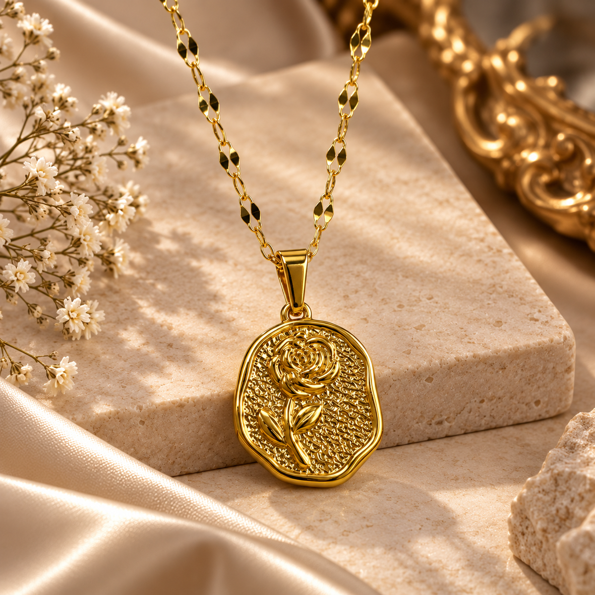 Gold Rose Pendant Necklace, alternate view
