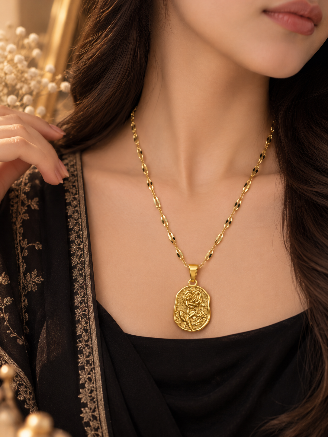 Gold Rose Pendant Necklace, alternate view